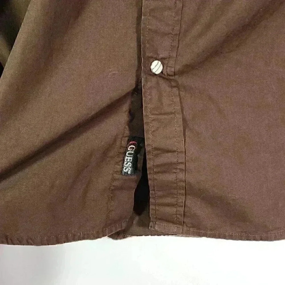 Vintage‎ GUESS Men's Cowboy Shirt L Slim "Freedom" Cross Embroidered Snaps Brown - Picture 8 of 13